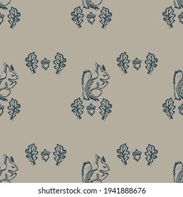 Handmade carved block squirrel print seamless pattern. Rustic naive folk silhouette illustration background. Modern scandi or Indian style decorative illustration . Ethnic textiles, primitive fashion.