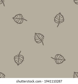 Handmade carved forest leaf block print seamless pattern. Rustic heritage folk art woodland  background. Scandi or ethnic indian lino cut design. Naive organic neutral tone primitive all over texture.