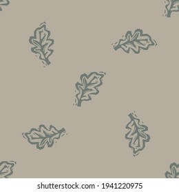 Handmade carved forest oak leaf block print seamless pattern. Rustic heritage folk art background. Scandi or ethnic indian lino cut design. Naive organic neutral tone primitive all over texture.