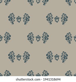 Handmade carved forest oak leaf acorn block print seamless pattern. Rustic heritage folk art background. Scandi or ethnic indian lino cut design. Naive organic neutral tone primitive all over texture.