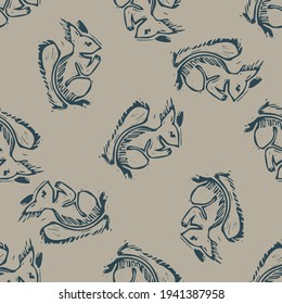 Handmade carved forest squirrel block print seamless pattern. Rustic heritage folk animal background. Scandi or ethnic indian lino cut design. Naive organic neutral tone primitive all over texture.