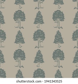 Handmade carved forest tree block print seamless pattern. Rustic heritage folk art woodland background. Scandi or ethnic indian lino cut design. Naive organic neutral tone primitive all over texture.