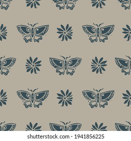 Handmade carved garden butterfly block print seamless pattern. Rustic heritage folk art bug background. Scandi or ethnic indian lino cut design. Naive organic neutral tone primitive all over texture.