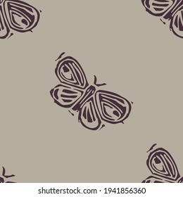 Handmade carved garden butterfly block print seamless pattern. Rustic heritage folk art bug background. Scandi or ethnic indian lino cut design. Naive organic neutral tone primitive all over texture.