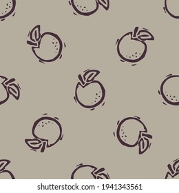 Handmade carved garden orange fruit block print seamless pattern. Rustic heritage folk art background. Scandi or ethnic indian lino cut design. Naive organic neutral tone primitive all over texture.