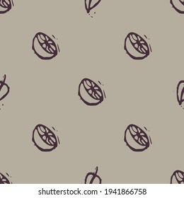 Handmade carved garden orange fruit block print seamless pattern. Rustic heritage folk art background. Scandi or ethnic indian lino cut design. Naive organic neutral tone primitive all over texture.