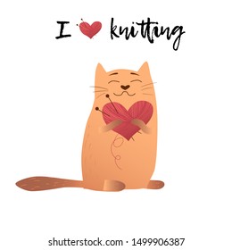 handmade cat with balls of yarn, elements and accessories for crochet and knitting. Stickers knitting. I love knitting