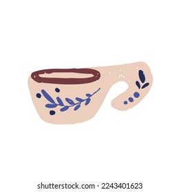 Hand-made ceramic cup. Mug covered with acryl enamel in rustic style. Handmade ceramics. Kitchen stoneware, tableware, edgy teacup. Flat vector illustration isolated on white background