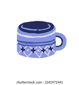 Handmade ceramic cup, stoneware item. Hand-made ceramics, mug painted with acryl. Craft pottery, crockery with pattern. Porcelain teacup. Colored flat vector illustration isolated on white background