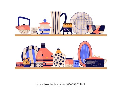 Handmade ceramic products on the shelves. Kitchen utensils and clean dishes. Dinnerware flat vector illustration isolated on white background. Modern decorative crockery.