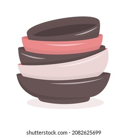 Vajilla de cerámica hecha a mano. Platos de artesanía para el desayuno, el almuerzo y la cena, una pila de tazones. Textura hecha a mano. Ilustración del vector