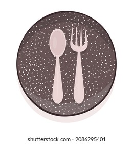 Handmade ceramic tableware. Craft utensils for breakfast, lunch and dinner, a plate with a spoon and fork. Handmade texture. Vector illustration