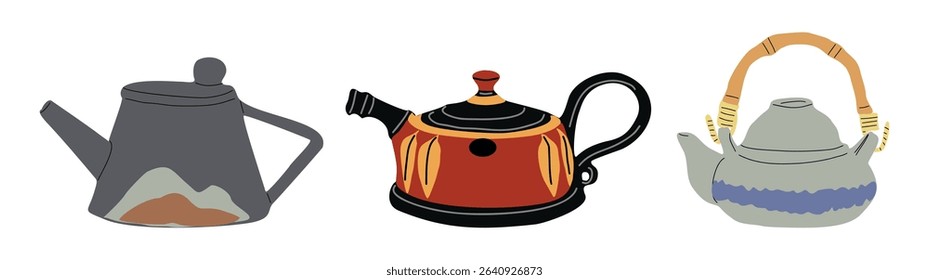 Handmade ceramic teapots in traditional Japanese Asian style. Minimalist vintage tea kettles, Vector illustrations set isolated on white background. Perfect for kitchen, tea culture, and decor design.