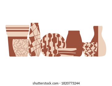 Handmade ceramic vases. Pottery hobby. Flat vector illustration on a white background