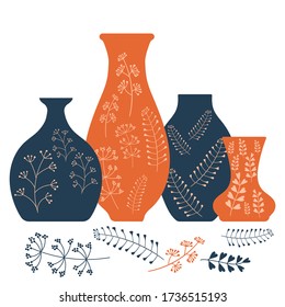 Handmade ceramics, ceramic vases and pots with a Botanical pattern. Pottery hobby. Flat vector illustration