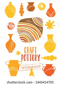 Handmade Ceramics Clay Pottery School. Heritage Artisanal Creative Craft Sign Concept. Organic Illustration On Textured Background.  