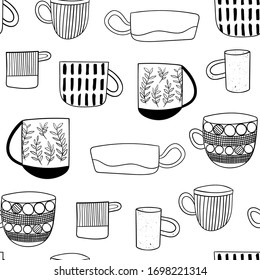 Handmade ceramics doodle seamless pattern. Cute hand drawn cups and mugs. Vector template design for textile, backgrounds, packages, wrapping paper, fabric, wallpaper.