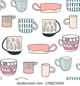 El doodle de cerámica hecha a mano sin fisuras. tazas y tazas dibujadas a mano. Diseño de plantilla vectorial para textiles, fondos, paquetes, papel de envoltura, tela, papel tapiz.