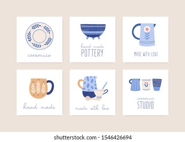 Handmade ceramics flat vector illustration set. Porcelain dishware collection. Decorative pottery workshop social media banners pack. Home and restaurant faience. Clean tableware made with love.