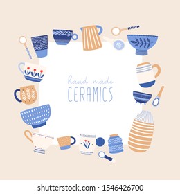 Handmade ceramics flat vector illustration. Handicraft pottery social media banner design with place for text. Beautiful decorative crockery in cartoon style. Faience dishware. Porcelain tableware.