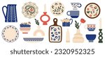 Handmade ceramics pottery set. Dishes and plates, kitchen utensils. Traditional shapes and patterns. Creativity and art. Cartoon flat vector collection isolated on white background