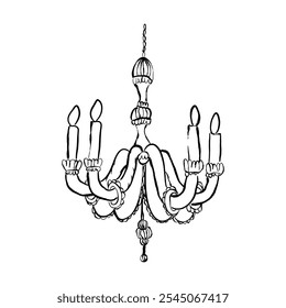 Handmade chandelier drawing. Vector hand drawn doodle decorative illustration. Isolated on white background.