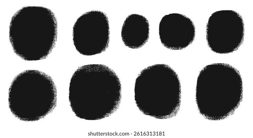 Handmade charcoal circle callout set. Polka dots aerosol spray shapes pack. Vector black hand drawn round note figures collection illustration isolated on white background.