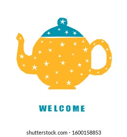 Handmade childish paper cut teapot background. Simple graphic teapot artwork for use in design for birthday card, party invitation, shop sale poster etc..
