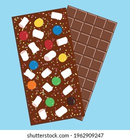 Handmade chocolate bar with marshmallows, multicolored chocolate pills and multicolored sprinkles. On a blue background