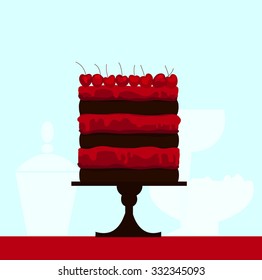Handmade chocolate cake with cherries.Vector illustration.