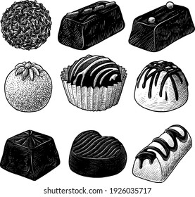 Handmade chocolate pralines illustration, drawing, engraving, ink, line art, vector