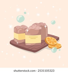 Handmade chocolate soap on a board with oranges. Vector illustration