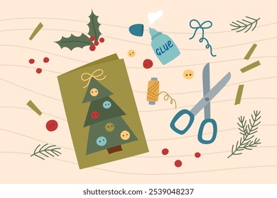 Handmade Christmas card. Sustainable Christmas concept. Eco friendly Christmas gift. Handmade decoration.