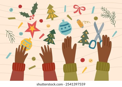 Handmade Christmas card. Sustainable Christmas concept. Eco friendly handmade decoration. Family concept.