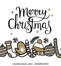 Handmade Christmas cards with lettering, mittens, hats, candy cane, stars. Fashionable postcards in black and gold color. Vector illustration.