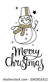 Handmade Christmas cards with a snowman lettering, stars. Fashionable postcards in black and gold color. Vector illustration.