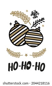 Handmade Christmas cards with Christmas toys lettering, fir branches, stars. Fashionable postcards in black and gold color. Vector illustration.
