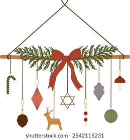 Handmade Christmas decoration wooden branch with hanging eco baubles. Branch ornament from greenery leaves with bow. Natural material toys. DIY Xmas adornment eco friendly style. Vector