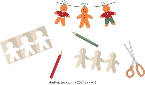 Handmade Christmas Design isolated on white background. Festive homemade gingerbread man garland. Sustainability concept