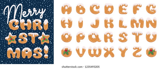 Handmade Christmas gingerbread cookies alphabet set. Cartoon style font. Art design letter. Festive lettering greeting card on winter snow background. Xmas holiday vector illustrations.
