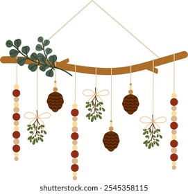 Handmade Christmas hanging decoration cones, mistletoe and beads. Wooden branch with nature-inspired ornaments. DIY Xmas interior element eco friendly style. Vector