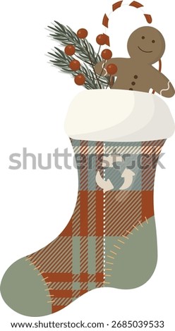 Handmade Christmas Stocking with Gingerbread Cookie isolated on transparent background. Rustic plaid stocking filled with gingerbread man for sustainable holiday decoration. Vector illustration
