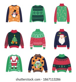 Handmade Christmas sweaters. Cute warm christmas sweater for winter weather set. Collection of xmas pullover or jumper.