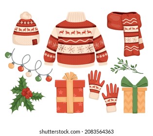 Sudaderas de navidad hechas a mano con íconos aislados de decoraciones festivas de año nuevo y ropa artesanal ilustración vectorial