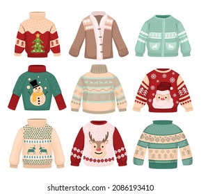 Handmade christmas sweaters set with traditional north ornamental pattern santa claus and snowman images isolated vector illustration