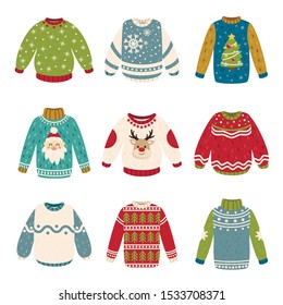 Handmade Christmas sweaters vector color illustrations collection. Festive Xmas and New Year jumpers design elements bundle. Winter holiday season pullovers isolated on white background