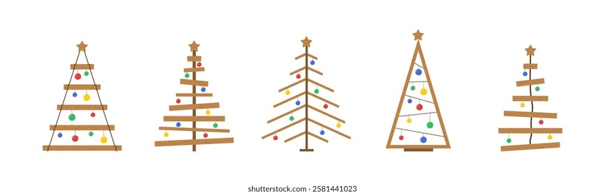 Handmade Christmas Tree collection. Christmas tree made of wooden planks. Zero waste holiday ornaments. Ecological seasonal decoration. Vector illustration in flat cartoon style.