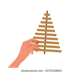 Handmade Christmas Tree. Female hand holding Christmas tree made of wooden planks. Zero waste holiday ornaments. Ecological seasonal decoration. Vector illustration in flat cartoon style.