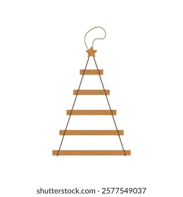 Handmade Christmas Tree. Christmas tree made of wooden planks. Zero waste holiday ornaments. Ecological seasonal decoration. Vector illustration in flat cartoon style.