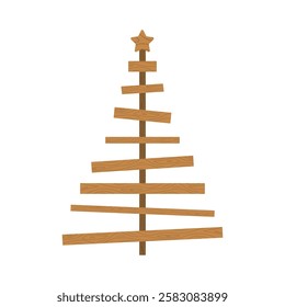 Handmade Christmas Tree. Christmas tree made of wooden planks. Zero waste holiday ornaments. Ecological seasonal decoration. Vector illustration in flat cartoon style.